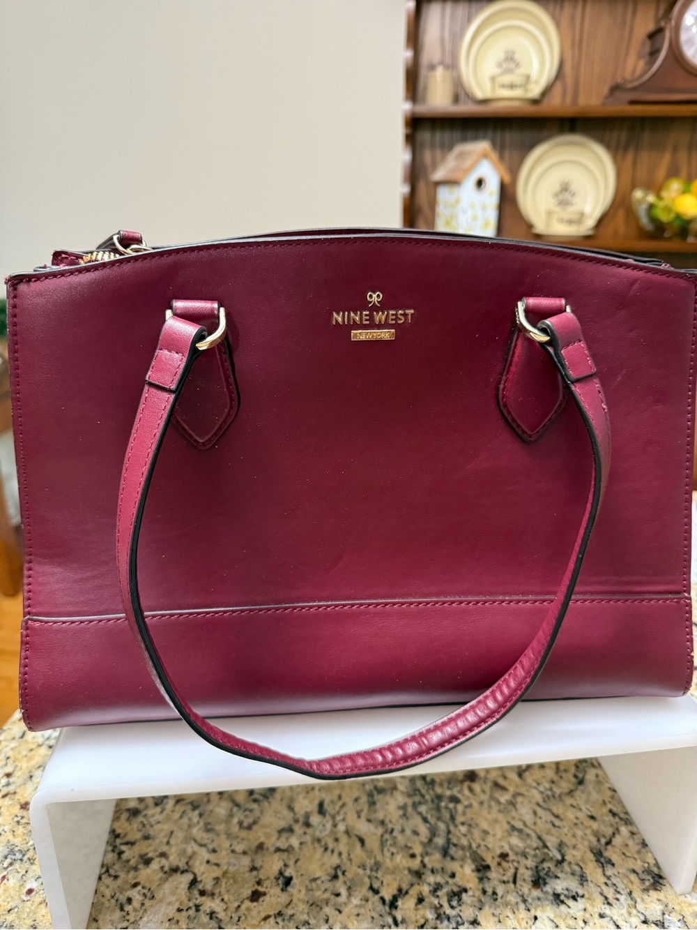 Nine West Burgundy Leather Tote with Gold Logo